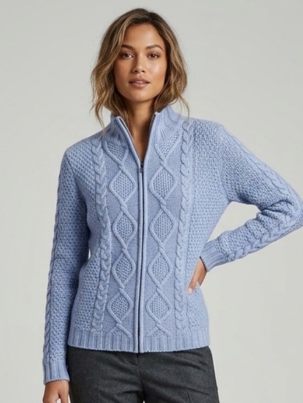 Jillian Nicole Blue Cable Knit Fisherman Zip Up Cardigan Sweater XL